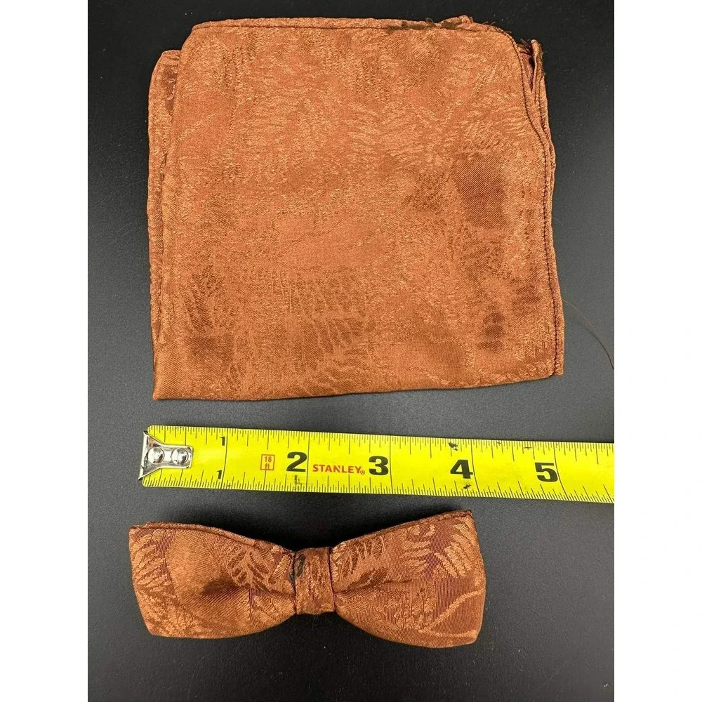 Vintage Burnt Orange Floral Clip-On Bow Tie and Pocket‎ Square Set 054 (72)